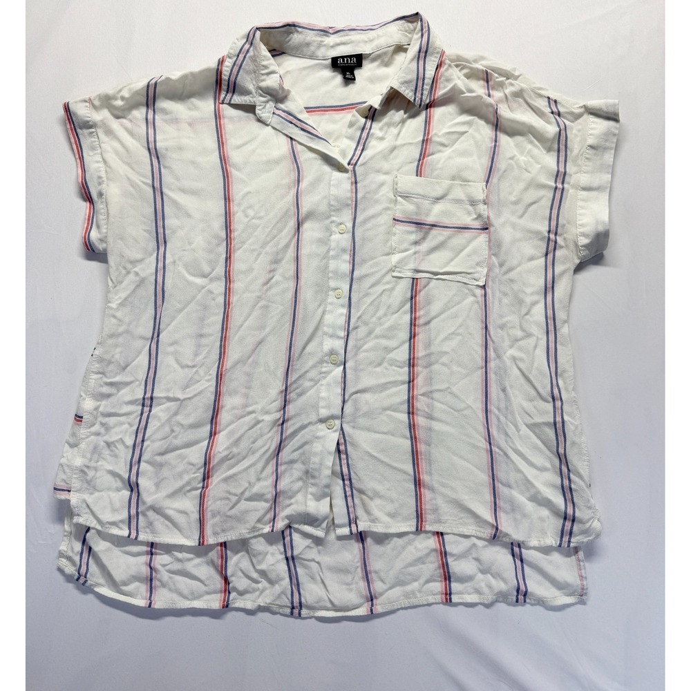 A.N.A A New Approach Shirt Womens XL Beige Multi Striped High Low Hem Button Up‎